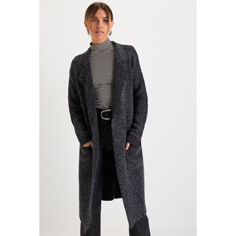 Lulus Cuddle Club Black Marled Fuzzy Long Sleeve Sweater Coat - Size S